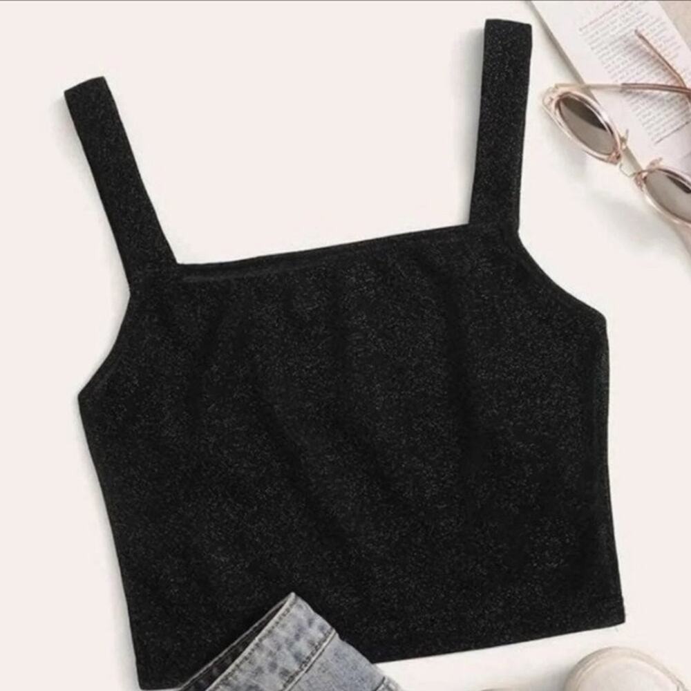 SHEIN Black Glitter Shimmer Square Neck Crop Top Medium Night Out Party Tank